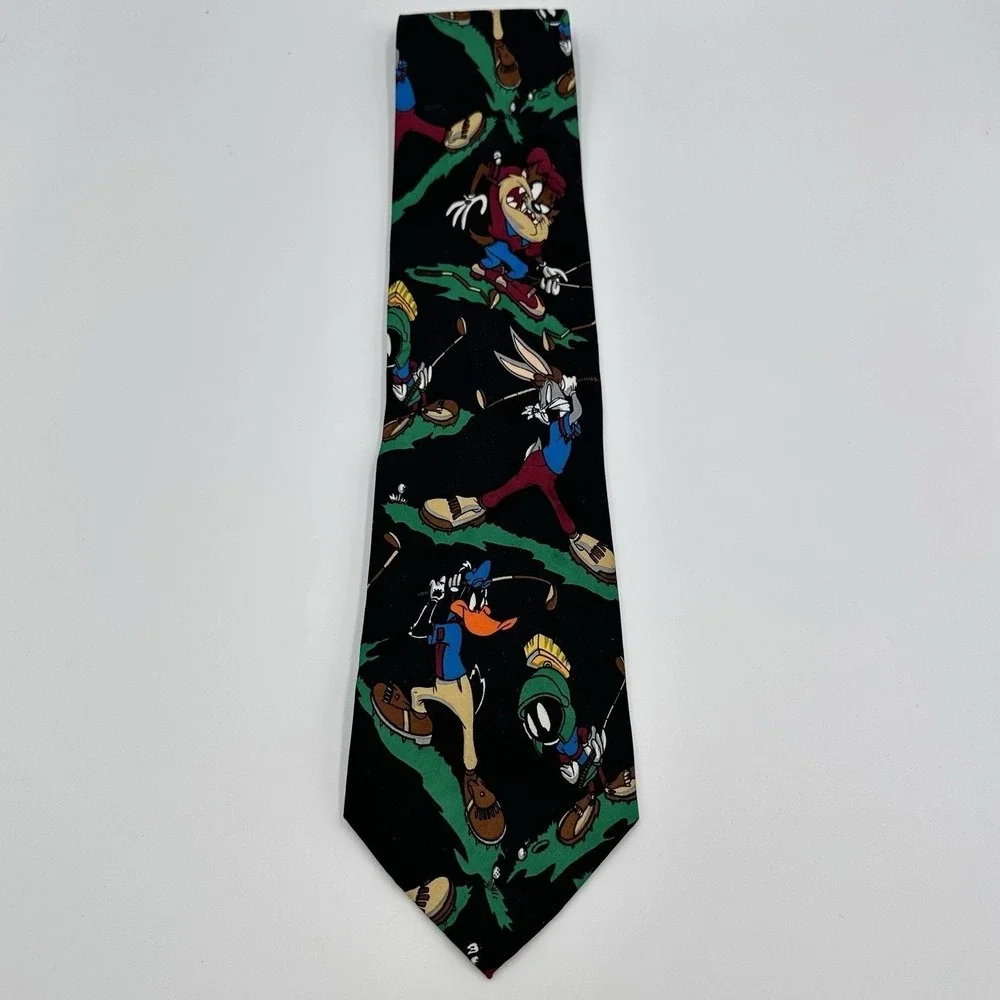 Vintage Looney Tunes Mania Tie Black Daffy Bugs Taz‎ Golf Cartoon 90s Polyester
